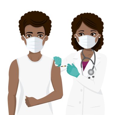 Kadın doktor şırınga kullanarak hastayı aşılıyor. Afrikalılar. Vektör illüstrasyonu