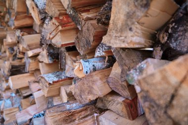 Odun yığınında odun. Farklı şekiller, eski.