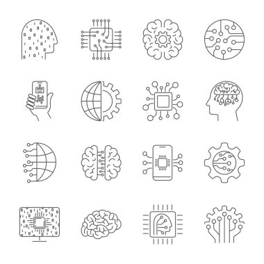 Yapay zeka. AI Icon set. Basit semboller pack. Kontur vektör çizim beyaz zemin üzerinde. Modern anahat stili simgeler koleksiyonu