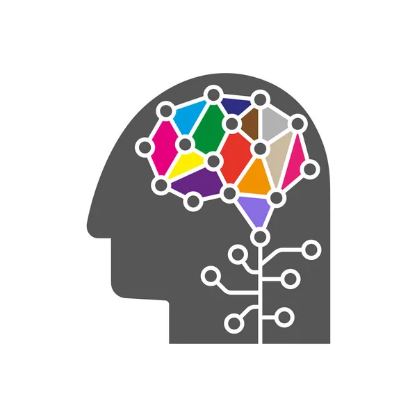 Concepto de logotipo de inteligencia artificial y aprendizaje automático. Esbozo de cabeza humana con icono cerebral. Símbolo vectorial AI. Plantilla de logotipo cerebral — Vector de stock