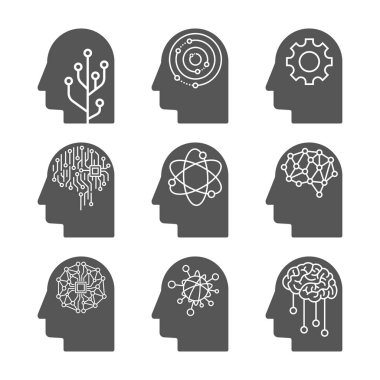Yapay zeka Icon set. AI kafaları. Derin makinesi öğrenme konsepti
