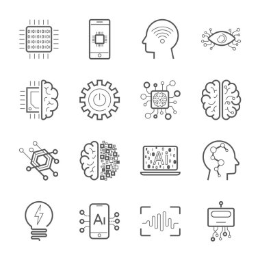 Internet şeyler çok, yapay zeka AI, yenilikçi akıllı siber güvenlik dijital bilgi teknolojileri çok vektör Icon Set. Sanayi 4.0