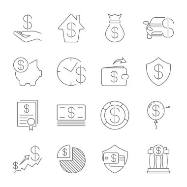 Para basit bir Set vektör hat simgeleri ile ilgili. İnce çizgi vektör Icon set - doları, kredi kartı, cüzdan, para, para çantasını, kumbara, yatırım, yığın, Çek, makbuz, kalkan. Düzenlenebilir kontur