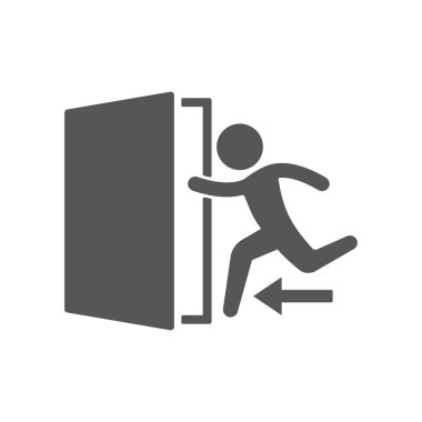 Acil çıkış insan figürü işareti simgesi. Ok simgesi olan kapı. Yangın çıkışı. Düz tasarım kümesi. Vektör