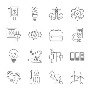 Modern ince çizgi stili enerji simgeler kümesi. Web sitesi tasarımı ve mobil uygulamalar için yüksek kaliteli siyah anahat electicity sembolleri. Beyaz bir arka plan üzerinde basit enerji sembollerin. Düzenlenebilir kontur.