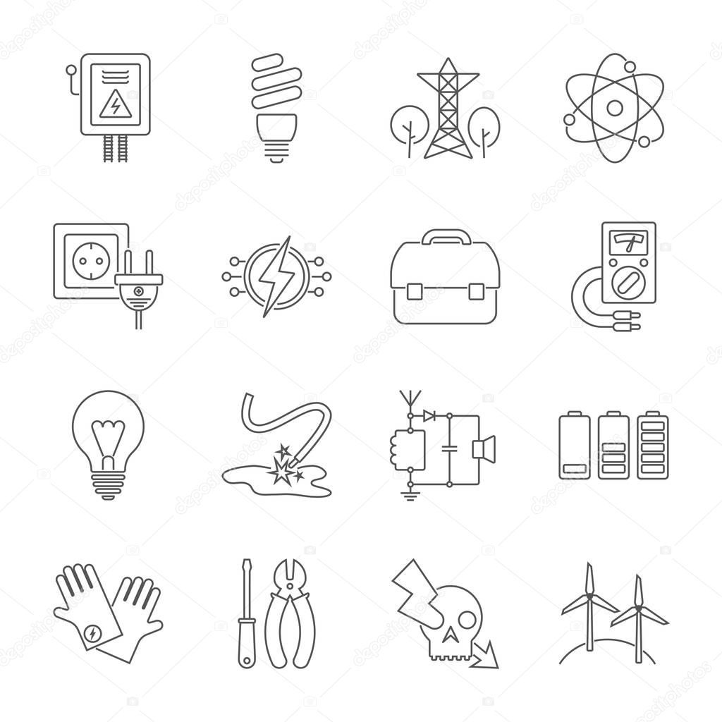 Set of energy icons in modern thin line style. High quality black outline electicity symbols for web site design and mobile apps. Simple energy pictograms on a white background. Editable Stroke.