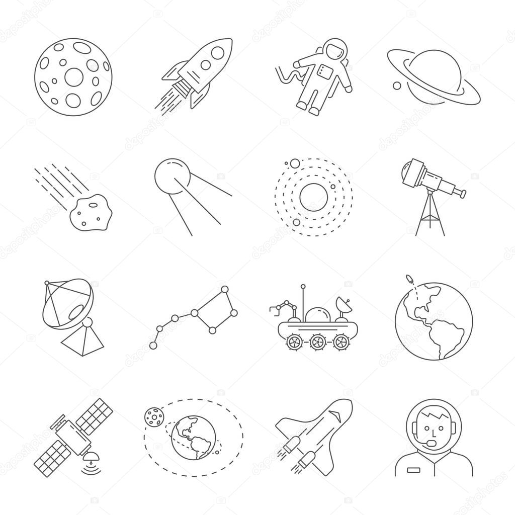 Astronomy and Space symbols collection. Thin line icons of the space theme. Contains such icons as Moon, Saturn, Earth, satellite, telescope, solar system, astronaut, moonrover. Editable Storke. EPS10