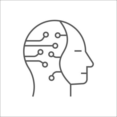 İnsan kafası ile doğrusal kutsal kişilerin resmi içinde cogwheels. Yapay zeka. Teknoloji ilerleme. İnce hat illüstrasyon. Robot. Kontur sembolü. İzole anahat çizim vektör. Düzenlenebilir kontur