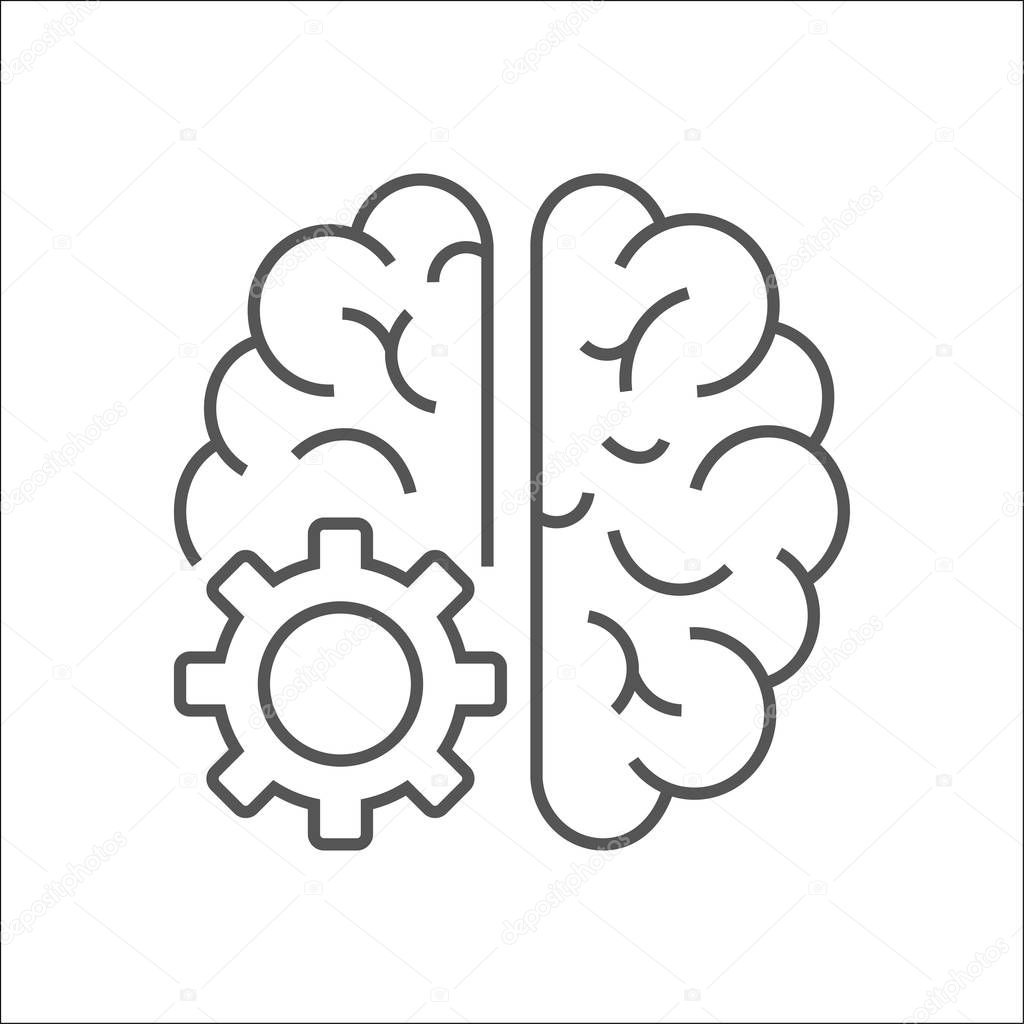 Vector logo icon with brain and gear cog. Abstract outline illustration. AI concept, IoT. Design concept for business solutions, high technology. Editable Stroke. EPS 10