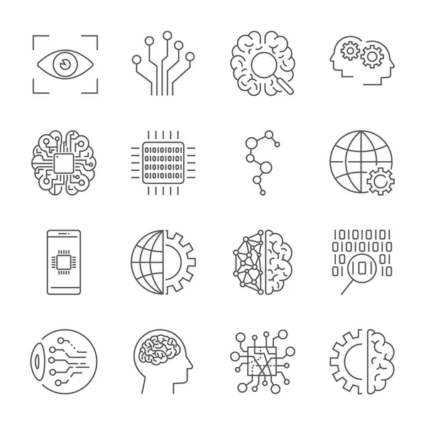 Künstliche Intelligenz. Vektor-Icon-Set für künstliche Intelligenz ai Konzept. verschiedene Symbole für das Thema in flacher Bauweise. editierbarer Schlaganfall. — Stockvektor