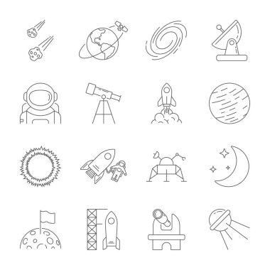 Stil alanı simgeler, astronomi Tema, anahat. İçerir ay, güneş, toprak, ay rover, uydu, asteroitler, güneş, teleskop, galaksi, göktaşları, Gözlemevi ve diğer işaretler. Düzenlenebilir inme. EPS 10