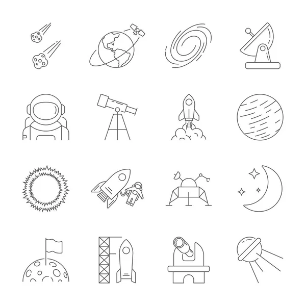 Iconos espaciales, tema de astronomía, estilo de contorno. Contiene luna, sol, tierra, rover lunar, satélite, asteroides, solar, telescopio, galaxia, meteoritos, observatorio y otros signos. Trazo Editable. EPS 10 — Vector de stock