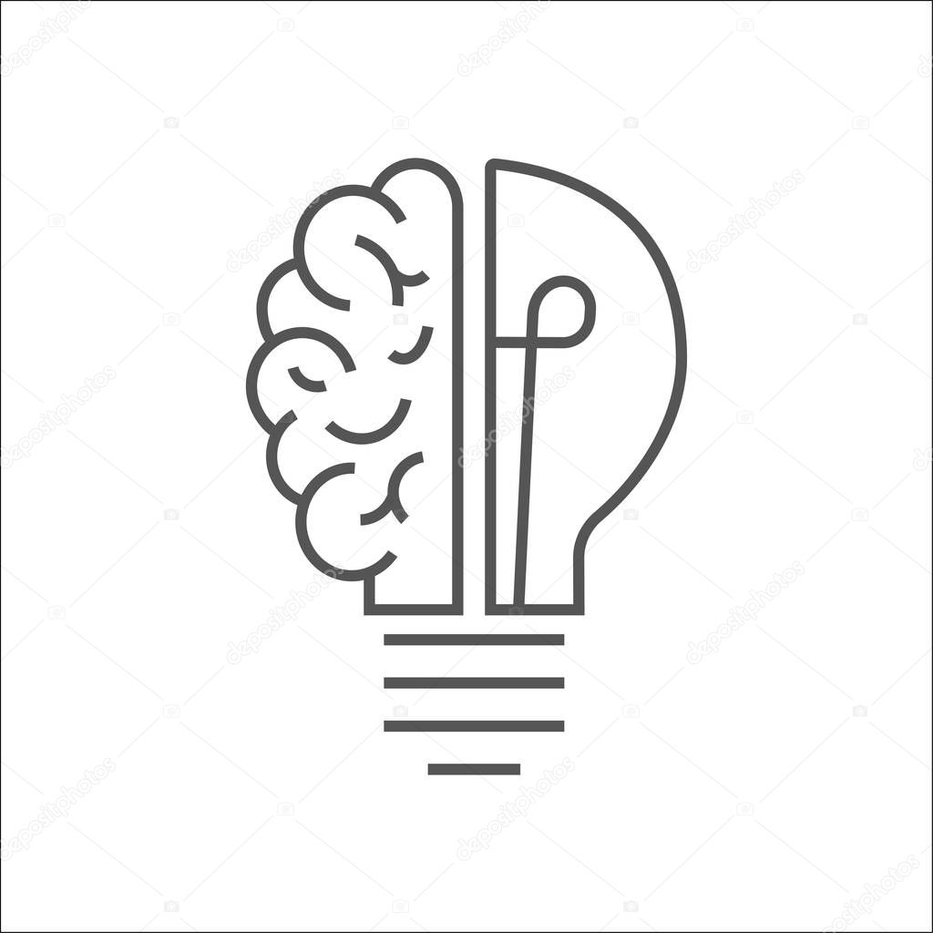 Logo with a half of light bulb and brain isolated on white background. Symbol of creativity, creative idea, mind, thinking. Editable Stroke. EPS 10
