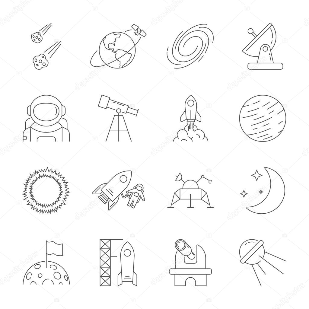 Space icons, astronomy theme, outline style. Contains moon, sun, earth, moon rover, satellite, asteroids, solar, telescope, galaxy, meteorites, observatory and other signs. Editable Stroke. EPS 10