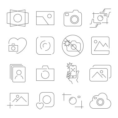 Beyaz arka plan üzerinde kamera simgeler. Hiçbir flaş, kamera odaklama, fotoğraf, fotoğraf makinesi ve diğer gibi içerir. Vektör çizim. Düzenlenebilir inme. EPS 10