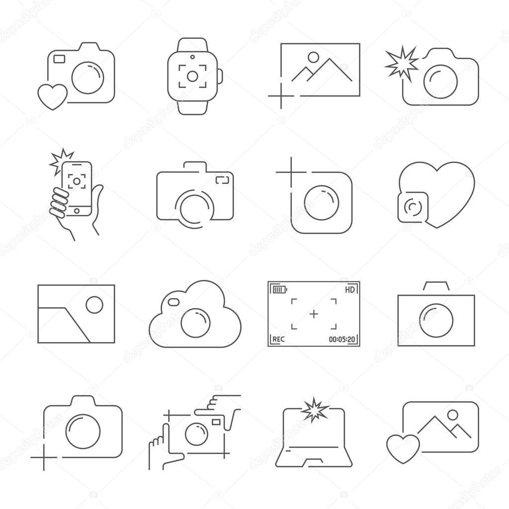 Camera and Photography icons Set. Outline Vector icons. Editable Stroke. EPS 10