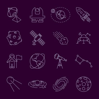 İnce Linevector astronomi ve uzay simgeler kümesi. Uzay adamı, astronot, güneş sistemi, galaksi, gezegen, dünya, uydu, Servisi, roket, yörünge, asteroid. Düzenlenebilir inme. EPS 10