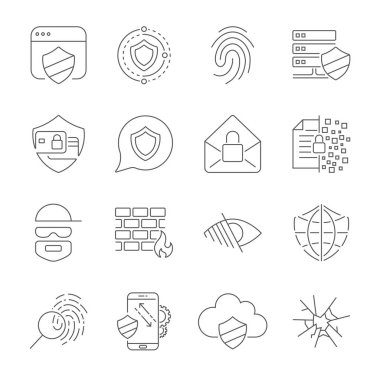 Bilgi ve internet koruma set simgeleri. Dijital veri ve siber bilgi koruma, şifreleme. İnce dağılımı çizgiler. Düzenlenebilir inme. EPS 10