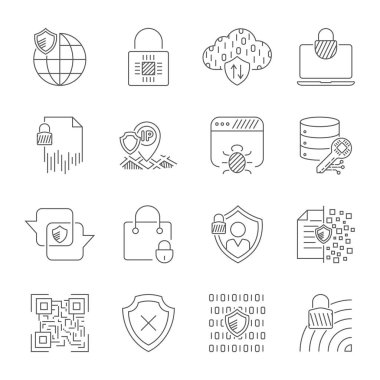 Dijital koruma ve Internet güvenlik simgeler kümesi. Veri koruma teknolojisi, siber güvenlik, bilgisayar ağ koruması. Düzenlenebilir inme. EPS 10