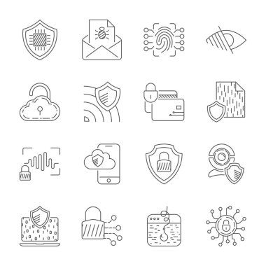 Veri gizlilik simgeler kümesi. Güvenlik bilgileri, veri koruma, kalkan, uyumlu, kişisel veri ve veritabanı simgelerle dahil. İllüstrasyon vektör. EPS 10