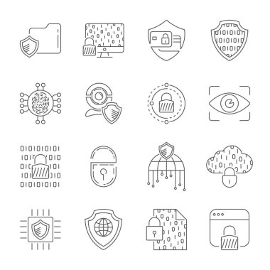 Siber Güvenlik, bilgi, veri ve ağ koruması. Koruma teknolojisi, iş ve internet güvenliği için web hizmetleri. İnce çizgi Icons set. Düzenlenebilir inme. EPS 10