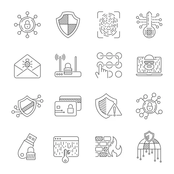 Veri koruma ve siber güvenlik ince çizgi simgeler kümesi. Bilgisayar ağ koruması. İlgili vektör hat simgeler.