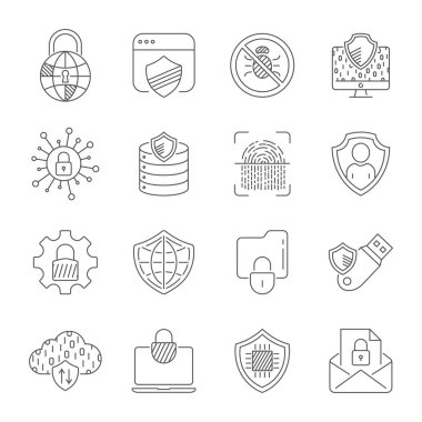 Siber Güvenlik Teknoloji ağ vektör simgeleri ayarlayın. Technologes dijital koruma. Düzenlenebilir inme. EPS 10