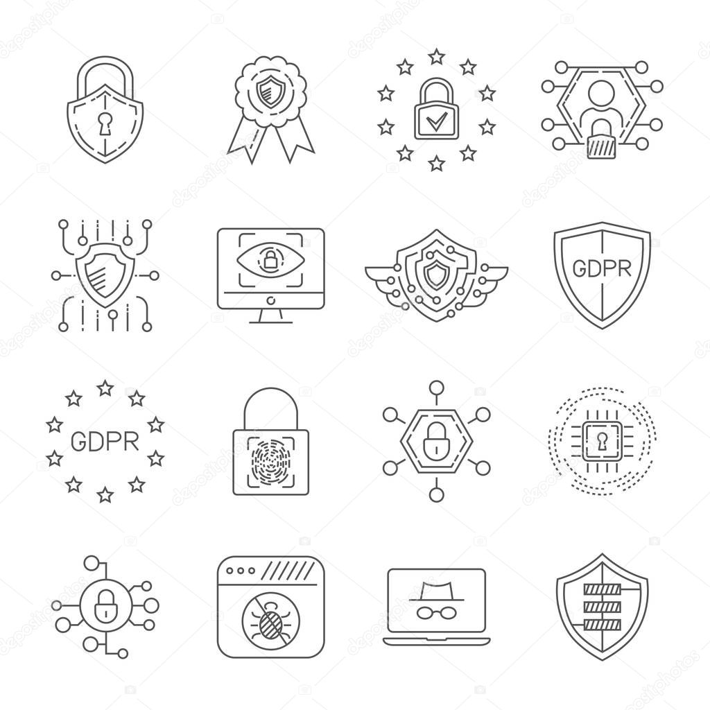 Data protection and cyber security thin line icons set. Cyber security, data and network protection. Protection technology, web services for business and internet safety.