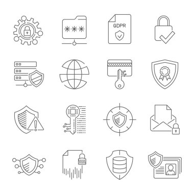 Gdpr Gizlilik İlkesi Icon set. Güvenlik bilgileri, Gdpr veri koruma, kalkan, çerezleri İlkesi, uyumlu, kişisel veri, asma kilit ve benzeri simgeler dahil