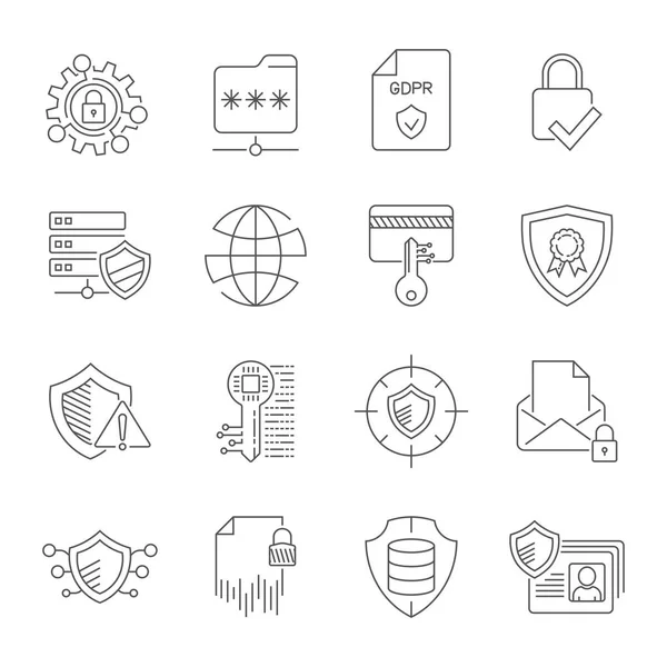 GDPR privacy policy icon set. Included the icons as security information, GDPR data protection, shield, cookies policy, compliant, personal data, padlock and more — Stock Vector