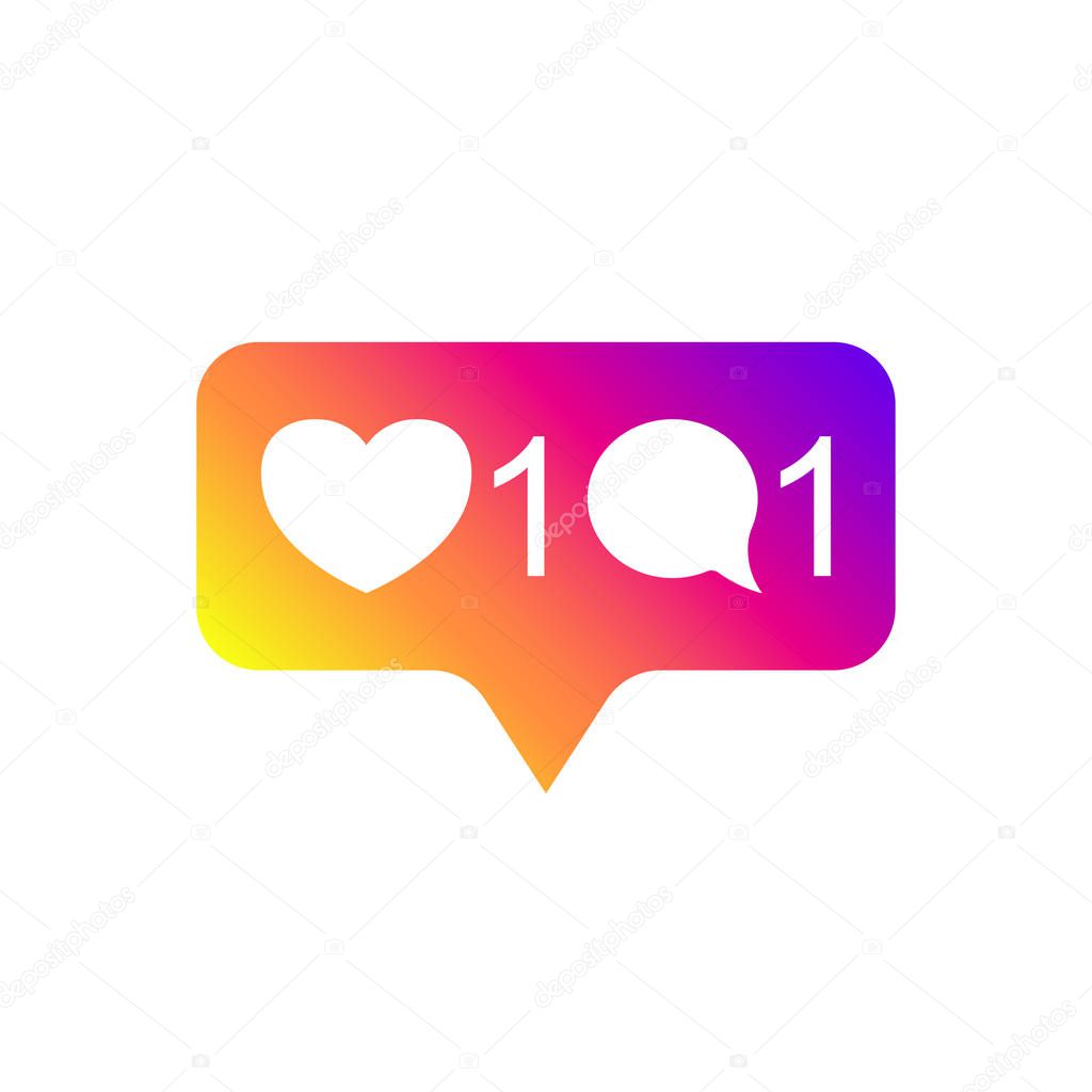 Social media Instagram modern like 1, comment 1, gradient color. Like, follower, button, icon, symbol, ui, app, web. Vector illustration. EPS 10.