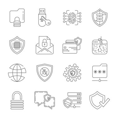 Veri koruma ve Internet güvenlik simgeleri. Vektör hat simgeler kümesi. Basit ince çizgili Tema. Modern seviyelendirme simgelerini, sembollerin. Düzenlenebilir inme. EPS 10