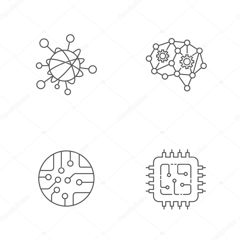 IOT AI BIG DATA MICROCHIP Vector Icon Set. Internet of things Artificial Intelligence Data Micro Circuit Information Technology Illusration. Innovative Technologies Signs. Editable Stroke. EPS 10