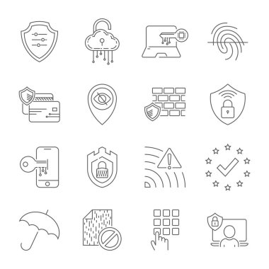 Internet güvenlik ve dijital koruma hattı simgeler kümesi. Tasarım web, uygulama, kullanıcı arabirimi için işaretler. Modern mükemmel vektör çizim. Düzenlenebilir inme. EPS 10