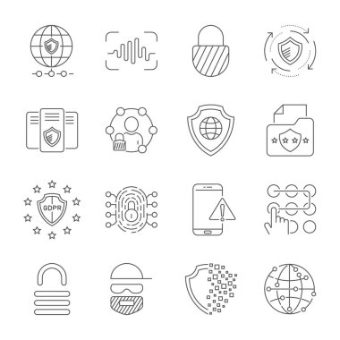 Gdpr veri gizliliği vektör Icon set. Güvenlik bilgileri, veri koruma, kalkan, sertifika, uyumlu, kişisel veri, veritabanı ve daha fazla simgelerle dahil. Düzenlenebilir inme. EPS 10
