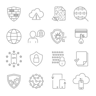 Veri koruma simgeler. Vektör hat simgeler kümesi. Sınıf kalitesi. Basit ince çizgili Tema. Modern seviyelendirme simgelerini, sembollerin. Düzenlenebilir inme. EPS 10