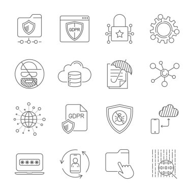 Gdpr ve Gizlilik Politikası, Dijital Koruma, Güvenlik Teknolojisi, basit simgeler ayarlayın. Kullanılabilir Vuruş. Eps 10