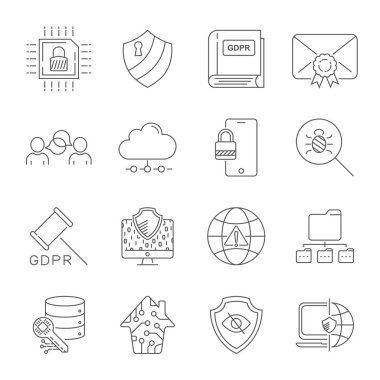 İnternet teknolojisi, online hizmetler. veri, bilgi güvenliği, bağlantı teknolojisi, Gdpr. İnce çizgi web simgesi seti. Kullanılabilir Vuruş. Eps 10