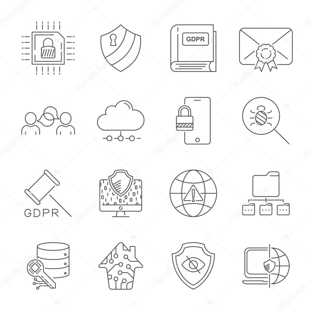 Internet technology, online services. data, information security, connection technology, GDPR. Thin line web icon set. Editable Stroke. EPS 10