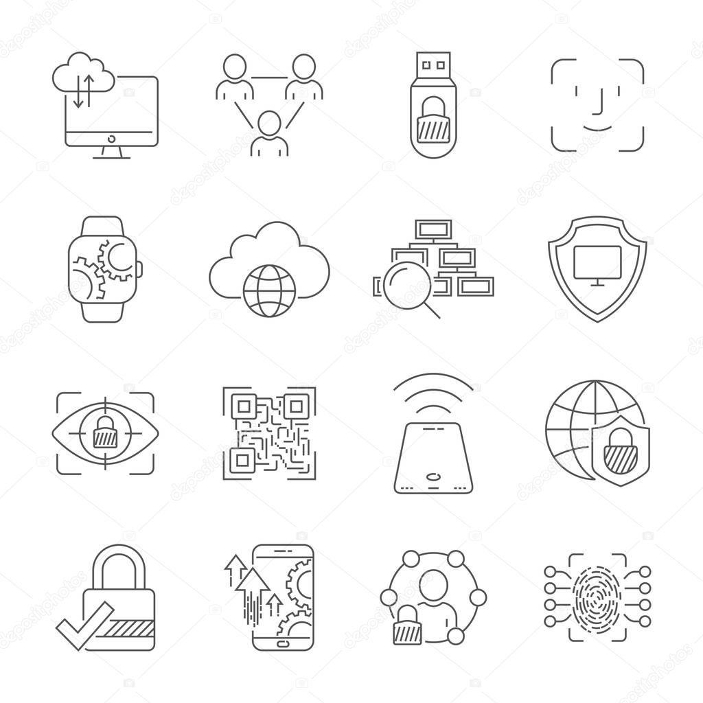 Cyber technology, networks, protection, connection. Vector icons set. Technologies of digital space. Editable Stroke. EPS 10