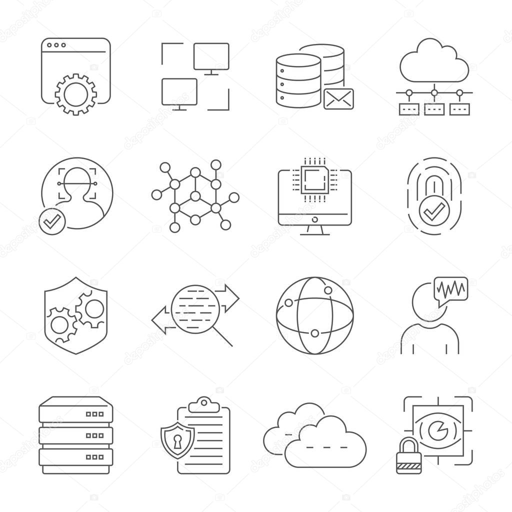 Network technology, face recognition, internet protection, cloud service, server, data. Vector icons set. Editable Stroke. EPS 10