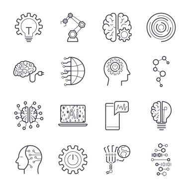 Sanayi 4.0, şeylerin çok ve yapay zeka AI simgeler Internet ayarla.