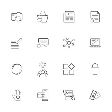 Web, siteler, uygulama için farklı basit simgeler. İnce çizgili simgeler: kamera, gazete, tiket, atm, kart, kilit, dizüstü bilgisayar, yorum, sözleşme. Kullanılabilir kontur