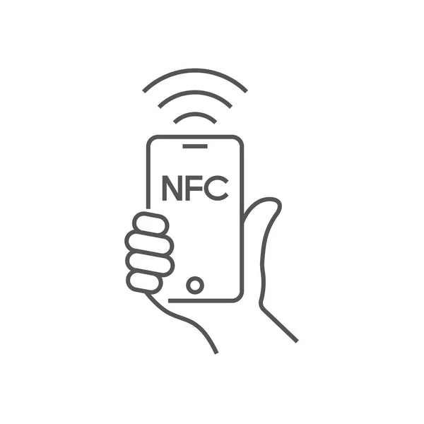 Próxima comunicação de campo, telefone celular com módulo NFC na mão, pagamento usando smartphone, ícone de linha vetorial NFC para aplicativos e sites. Curso Editável. EPS 10 —  Vetores de Stock