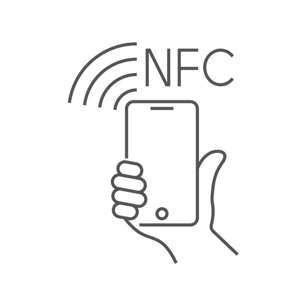 Nfc 기술 지불, 벡터 ounline 아이콘. 손과 스마트 폰. 신용 플라스틱 카드, 스마트 폰, Pos 단말기와 Contacless, 무선 결제. 모바일 지불 기호입니다. 편집 가능한 스트로크입니다. Eps 10 — 스톡 벡터