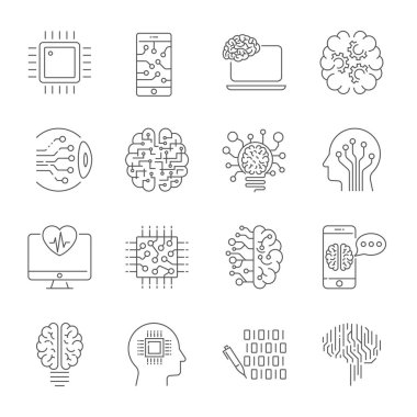 Yapay zeka ile ilgili çizgi simgeleri basit set droid, göz, çip, beyin ve diğer gibi simgeler içerir. Ai, Iot, Hitech. Kullanılabilir Vuruş. Eps 10