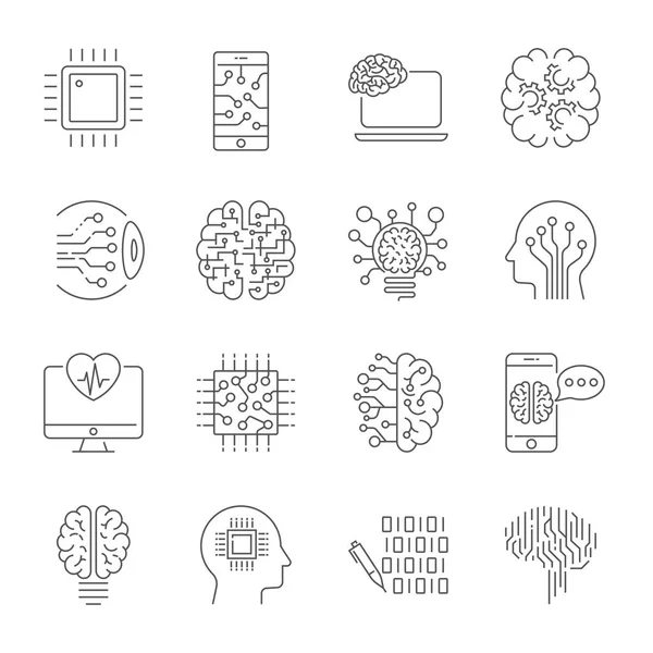 Einfache Reihe von Symbolen im Zusammenhang mit künstlicher Intelligenz enthält solche Symbole wie Droide, Auge, Chip, Gehirn und andere. ai, iot, hitech. editierbarer Schlaganfall. Folge 10 — Stockvektor
