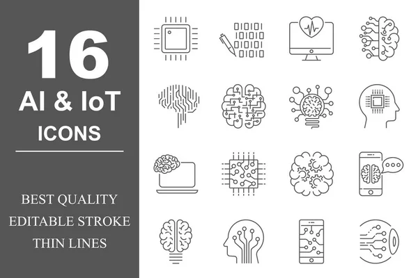 Conjunto simple de iconos de línea vectorial relacionados con Inteligencia Artificial. Contiene iconos como AI Processor, Cyborg, Self-learning y más. Trazo Editable. EPS 10 — Archivo Imágenes Vectoriales