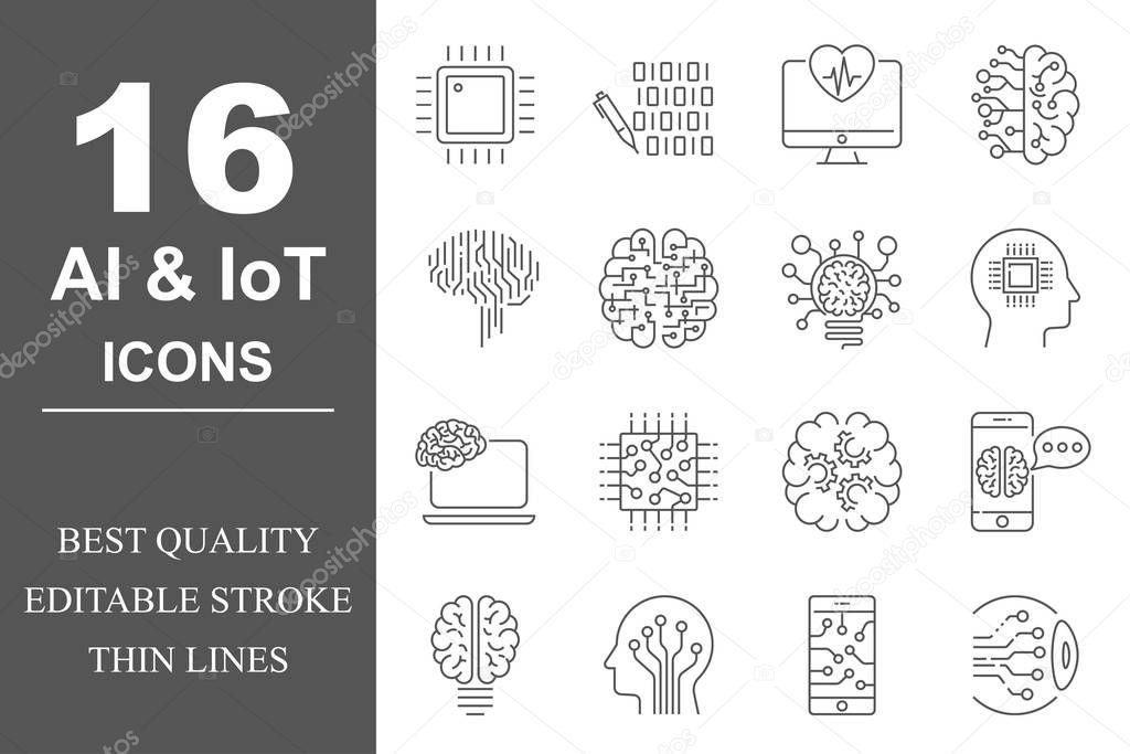 Simple set of Artificial Intelligence related vector line icons. Contains such icons as AI Processor, Cyborg, Self-learning and more. Editable Stroke. EPS 10