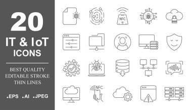 İşletim sistemi vektör simgesi ince çizgi stilinde ayarlanır. O ve Iot simgeleri, koruma, ağlar. Kullanılabilir Vuruş. Eps 10